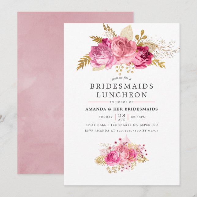 Invitación Rosas rosados y dorados acuarela Bridesmaids Comid (Anverso / Reverso)