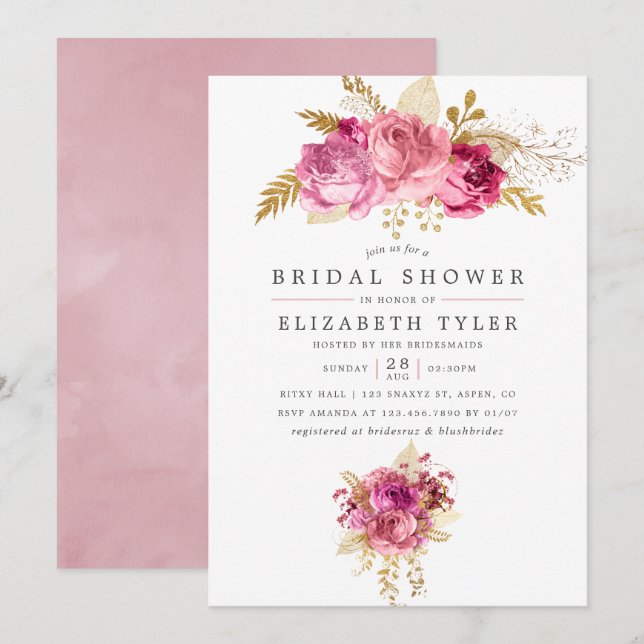Invitación Rosas rosados y dorados acuarela ducha de novias (Anverso / Reverso)