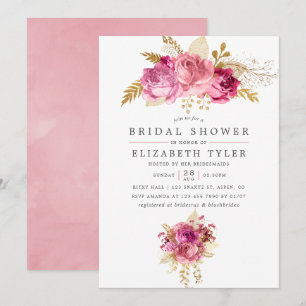 Invitación Rosas rosados y dorados acuarela ducha de novias