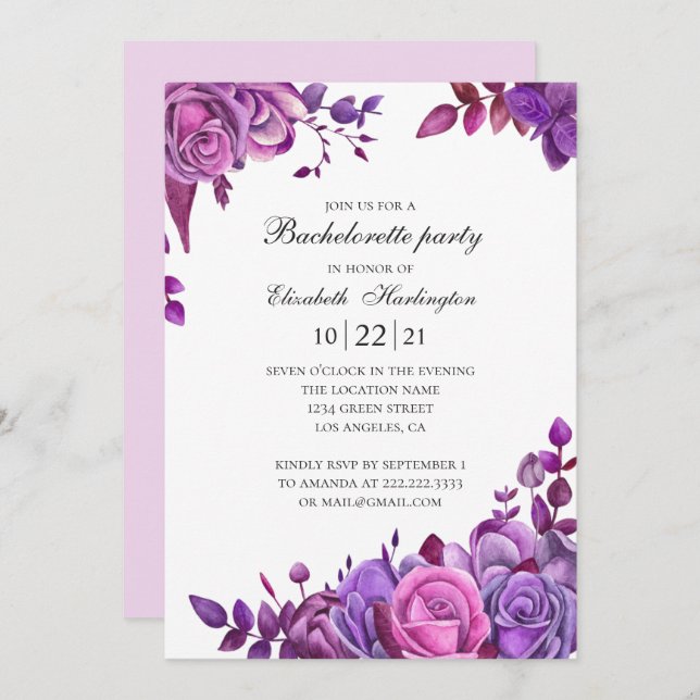 Invitación Rosas rosados y morados. Fiesta de soltera floral (Anverso / Reverso)