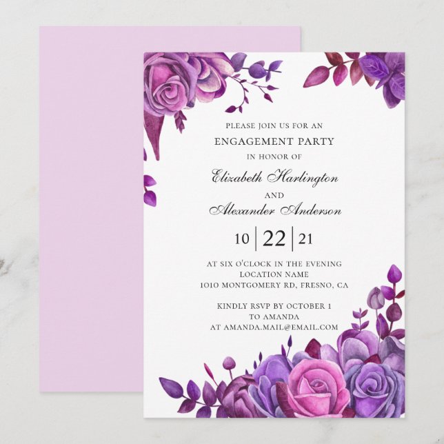 Invitación Rosas rosados y morados. Partido de compromiso flo (Anverso / Reverso)