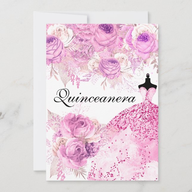 Invitación Rosas rosados y púrpura invitan a Quinceanera (Anverso)