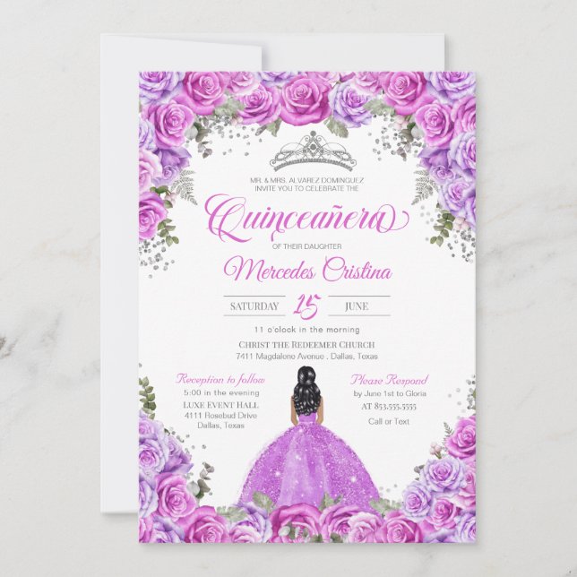 Invitación Rosas rosados y púrpura y la plata Tiara Quinceane (Anverso)