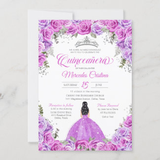 Invitación Rosas rosados y púrpura y plata Tiara Quinceanera 