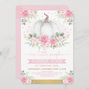 Invitación Rosas rosas blandas y calabaza Primer cumpleaños