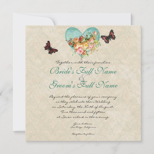 Invitación Rosas Rosas de época mariposas mariposas Swirls (Anverso)