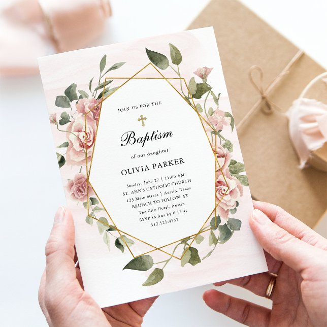 Invitación Rosas rosas rosadas de Rubor y oro | Bautismo (Subido por el creador)