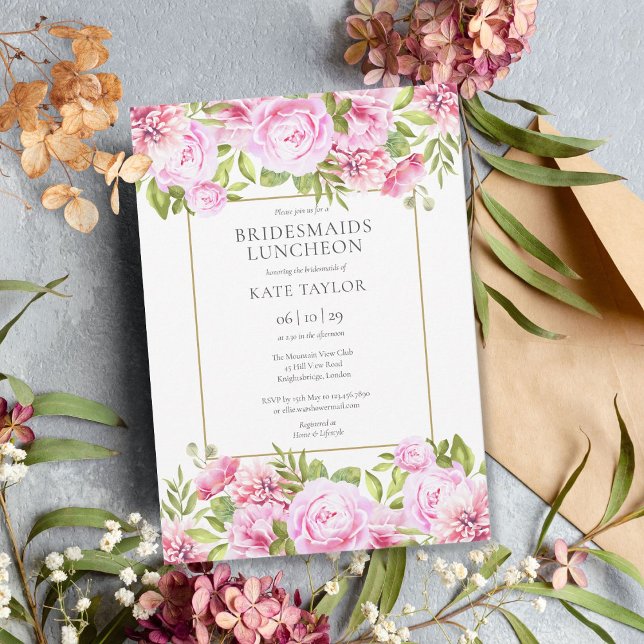 Invitación Rosas rosas rosas Florales Bridesmaids Luncheon (Pink Roses Floral Bridesmaids Luncheon Invitation)