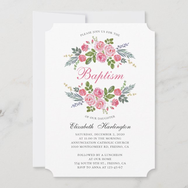 Invitación rosas rosas rosas. Flores de jardín. Bautismo chic (Anverso)