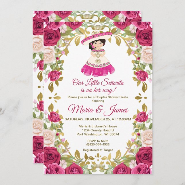 Invitación Rosas rosas rosas Flores Fiesta Mexicana Ducha Par (Anverso / Reverso)