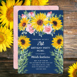 Invitación Rosas rosas rosas girasoles marina azul cumpleaños<br><div class="desc">Hermosos y elegantes girasoles amarillos estilo boho y rosas rosas rosas color azul marino invitación de picnic fiesta de 21 años para mujeres. La parte trasera de esta hermosa tarjeta tiene un diseño rústico de madera rosa que combina a la perfección con los rosas. El texto es personalizable para cualquier...</div>