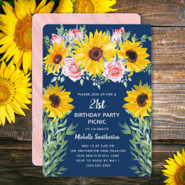 Invitación Rosas rosas rosas girasoles marina azul cumpleaños