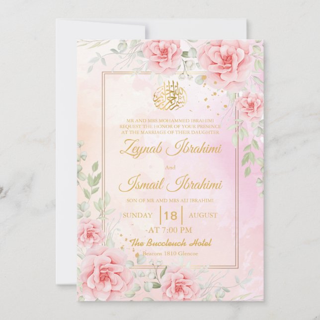 Invitación Rosas rosas rosas, hojas verdes Boda musulmana isl (Anverso)