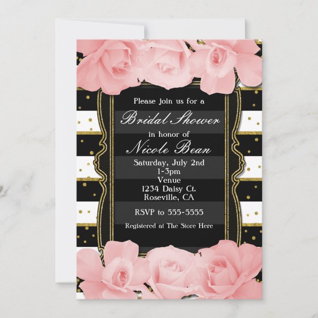 Invitación Rosas rosas rosas negras y ducha de novias doradas (Anverso)