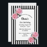 Invitación Rosas rosas rosas rosadas de 21 años en franjas bl<br><div class="desc">Bandas clásicas delgadas en blanco y negro como fondo. Con rosas rosas rosas románticas como decoración. Un marco en blanco y negro con plantillas para la información de su fiesta. Invitación a la fiesta de cumpleaños 21,  femenina y elegante.</div>