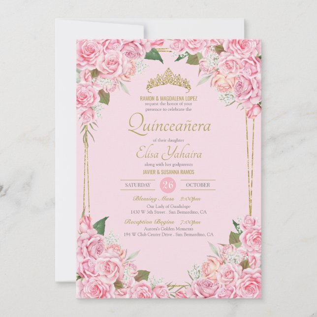 Invitación Rosas rosas rosas rosadas de Rubor y quinceanera f (Anverso)
