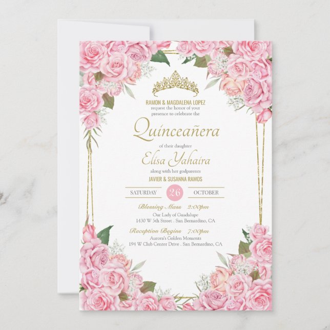Invitación Rosas rosas rosas rosadas de Rubor y quinceanera f (Anverso)