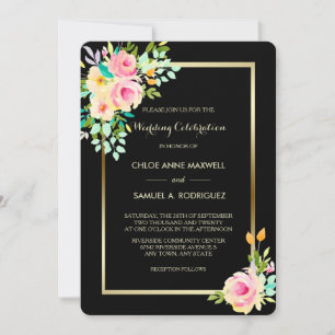 Invitación Rosas rosas rosas rosadas en Boda negro