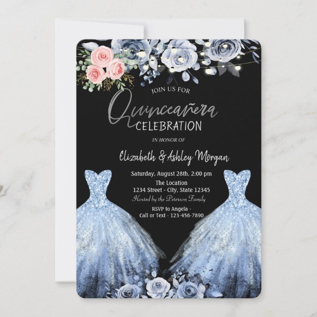 Invitación Rosas rosas rosas rosas azules de vestir purpurina (Anverso)