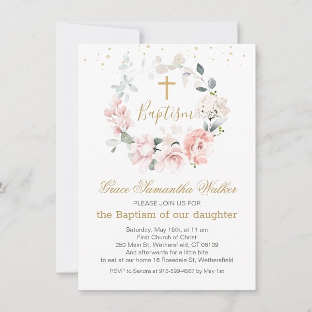 Invitación Rosas rosas rosas rosas verdes Foliage Cross Bapti (Anverso)