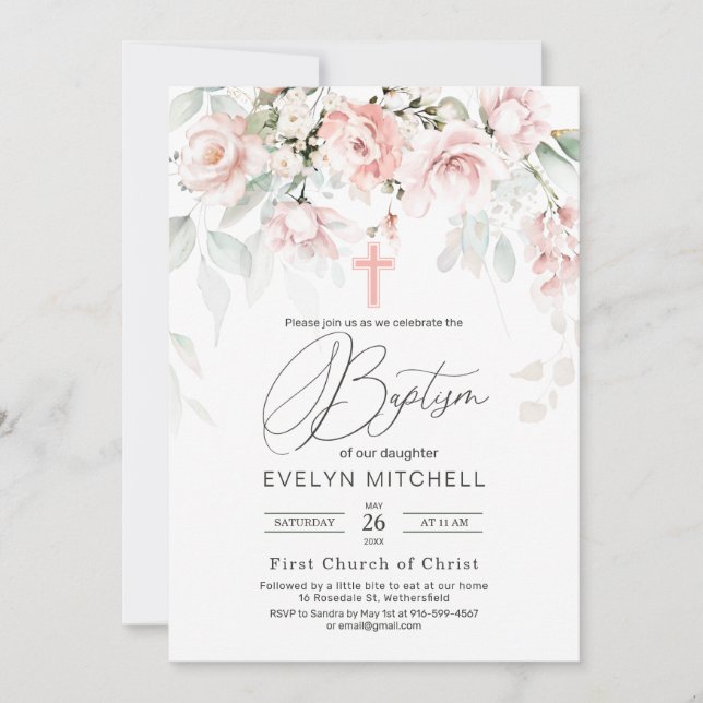 Invitación Rosas rosas rosas rosas verdes Foliage Cross Bapti (Anverso)