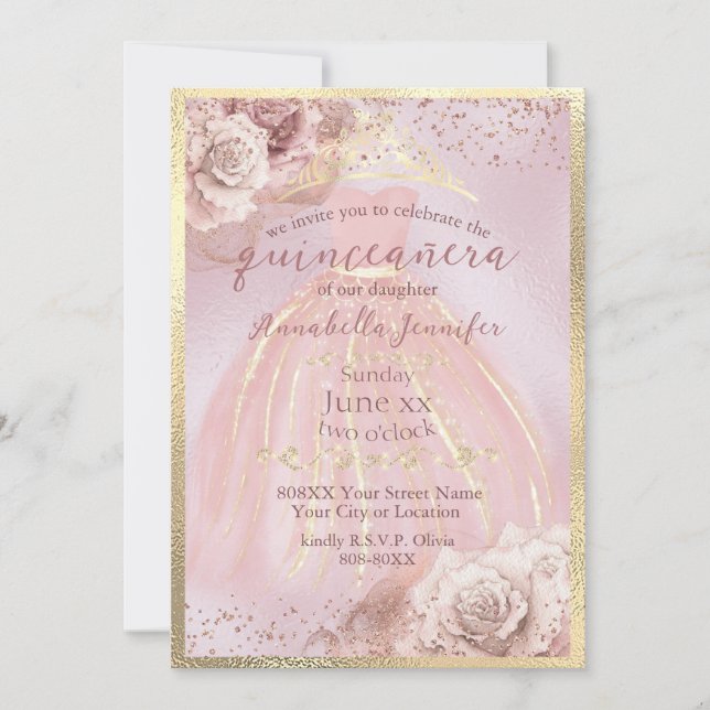 Invitación Rosas rosas rosas Rubor y quinceañera de oro (Anverso)