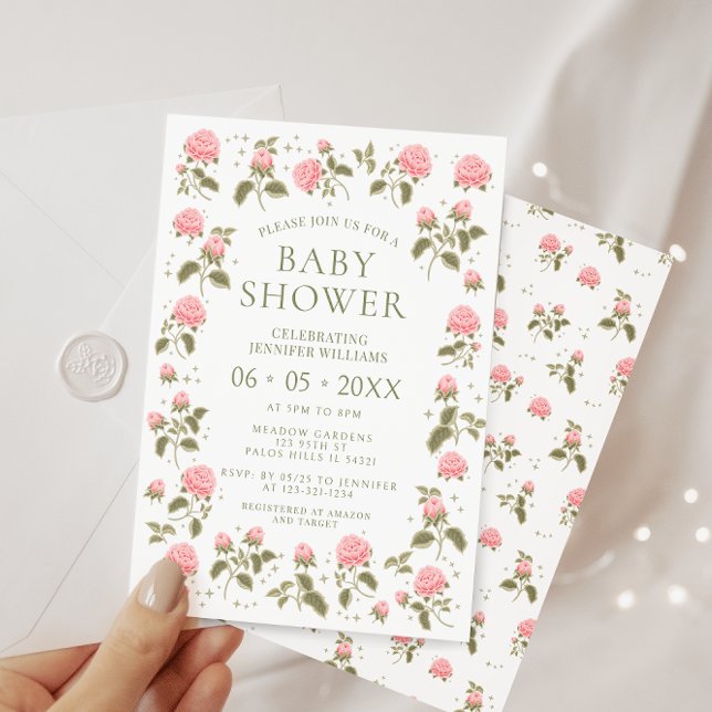 Invitación Rosas rosas rosas tetas bohemias florales de bebé  (Subido por el creador)