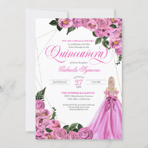 Invitación Rosas rosas rosas   Tíara dorada y ball gown Quinc