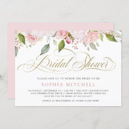 Invitación Rosas rosas rosas y elegante guión dorado | Ducha 
