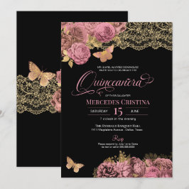 Invitación Rosas rosas rosas y encaje Glamorosa mariposa Quin