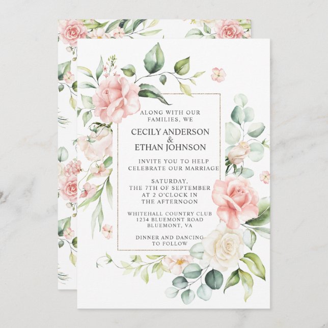 Invitación Rosas rosas rosas y eucalipto Boda floral de marco (Anverso / Reverso)