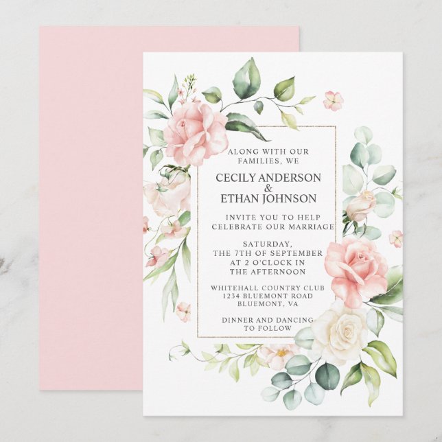 Invitación Rosas rosas rosas y eucalipto Marco Boda de fondo  (Anverso / Reverso)