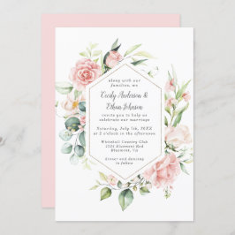 Invitación Rosas rosas rosas y Eucalipto Marco Geométrico Oro