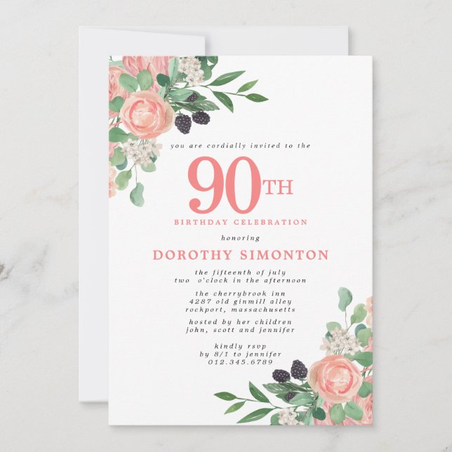 Invitación Rosas rosas rosas y floral blanca 90 cumpleaños (Anverso)