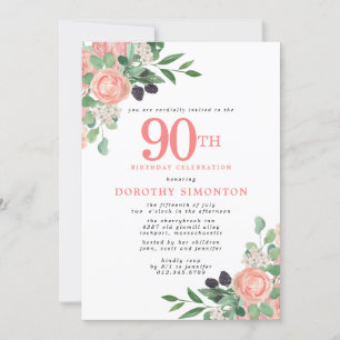 Invitación Rosas rosas rosas y floral blanca 90 cumpleaños