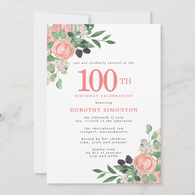 Invitación Rosas rosas rosas y Floral blanca en el centenario (Anverso)