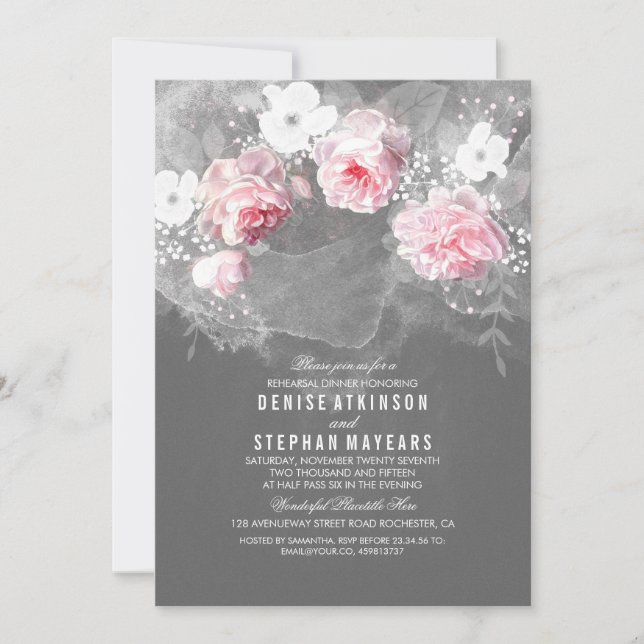 Invitación Rosas rosas rosas y flores blancas ensayando la ce (Anverso)