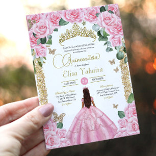 Invitación Rosas rosas rosas y mariposa dorada Princesa Quinc