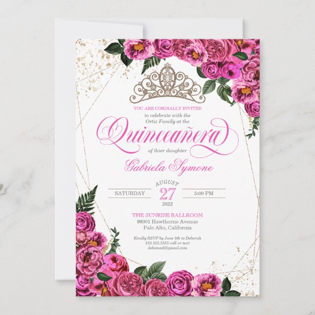 Invitación Rosas rosas rosas y Tiara de oro elegancia Quincea (Anverso)