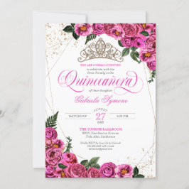 Invitación Rosas rosas rosas y Tiara de oro elegancia Quincea