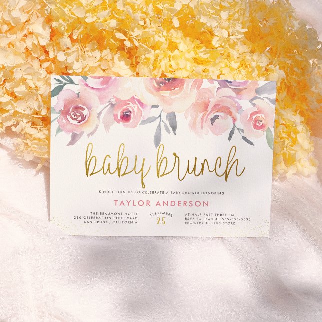 Invitación Rosas rosas rosas y verde oro brunch Baby Shower (Subido por el creador)