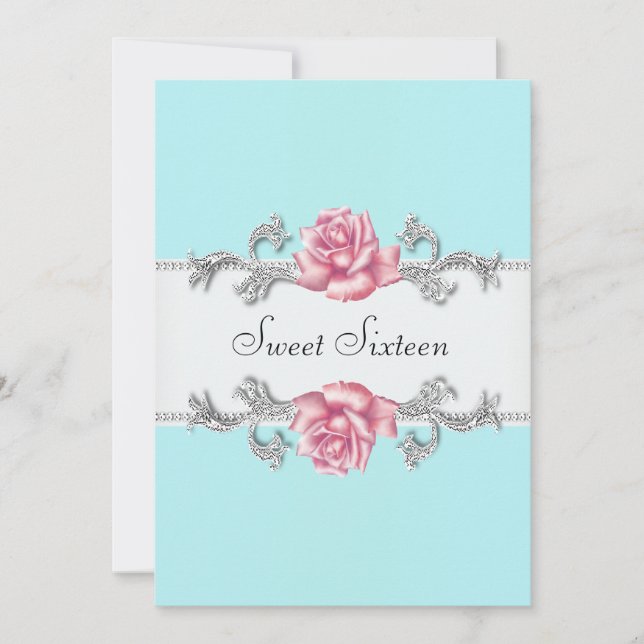 Invitación Rosas rosas Verde azuladas Blue Sweet Dieciséis cu (Anverso)