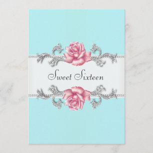 Invitación Rosas rosas Verde azuladas Blue Sweet Dieciséis cu