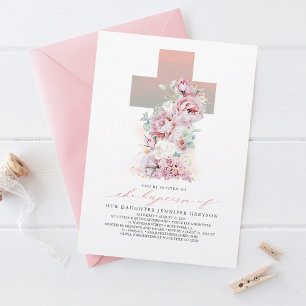 Invitación Rosas rosas y blancas Elegante bautismo Chica mode