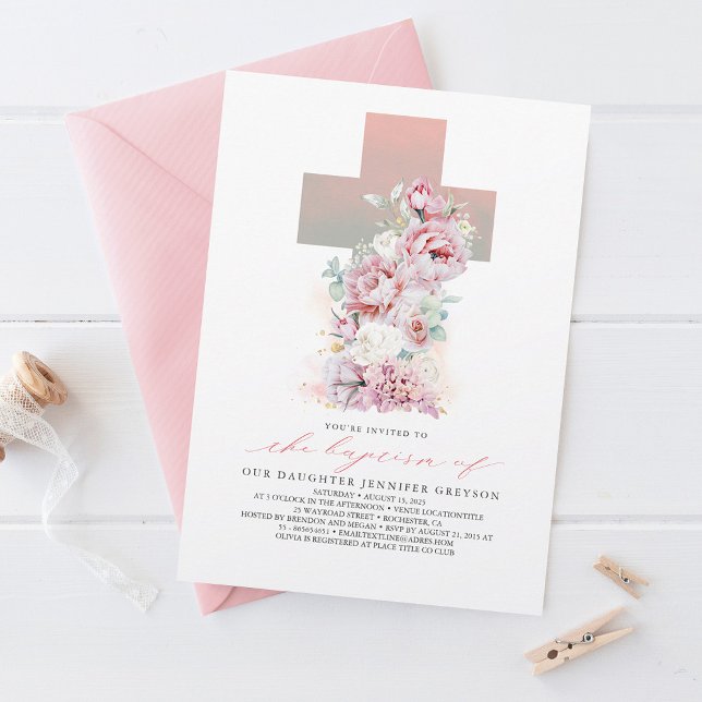 Invitación Rosas rosas y blancas Elegante bautismo Chica mode (Subido por el creador)
