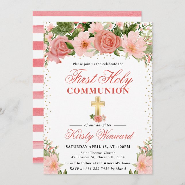Invitación Rosas rosas y flores nítidas primera comunión sagr (Anverso / Reverso)
