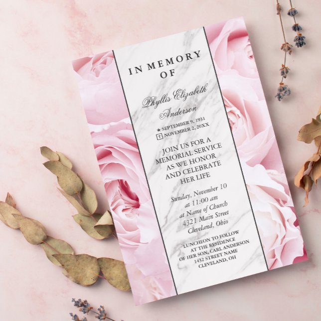 Invitación Rosas rosas y mármol blanco | Servicio conmemorati (Subido por el creador)