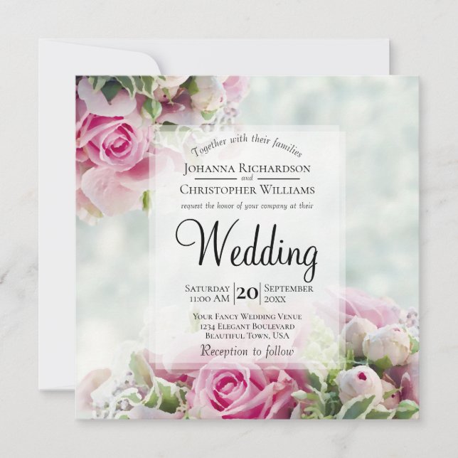 Invitación Rosas rosas y peony Buds Elegante Boda floral (Anverso)