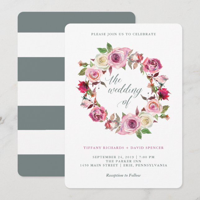 Invitación Rosas rosas y rayas grises de Moda | Boda Wreath (Anverso / Reverso)