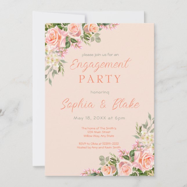 Invitación Rosas rosas y vegetación | Peach Engagement Party (Anverso)